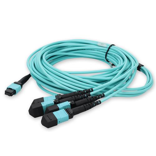 Picture for category 10m MPO-16 (Female) to 4xMPO (Female) OM4 16-strand Crossover Aqua Fiber OFNR (Riser-Rated) Patch Cable