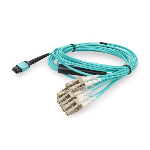 Picture for category 10m MPO (Female) to 8xLC (Male) OM4 8-strand Straight Aqua Fiber OFNR (Riser-Rated) Fanout Cable 3m breakout legs
