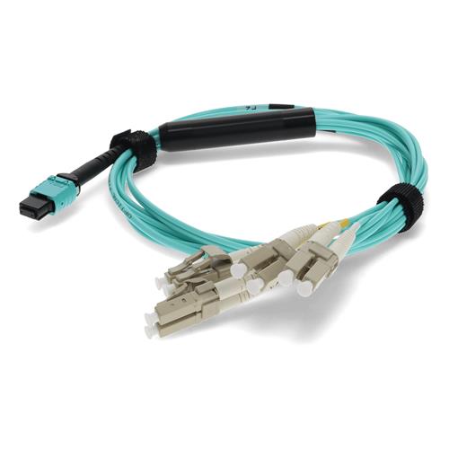 Picture for category 10m MPO (Female) to 8xLC (Male) OM4 8-strand Straight Aqua Fiber OFNR (Riser-Rated) Fanout Cable