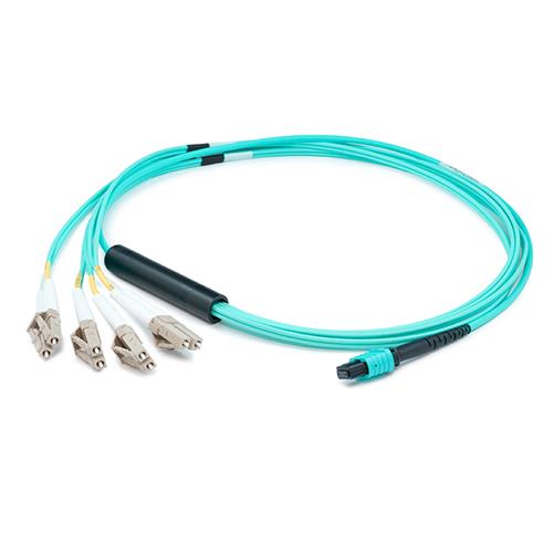 Picture for category 15m MPO (Female) to 8xLC (Male) OM4 8-strand Straight Aqua Fiber OFNR (Riser-Rated) Fanout Cable 3m breakout legs