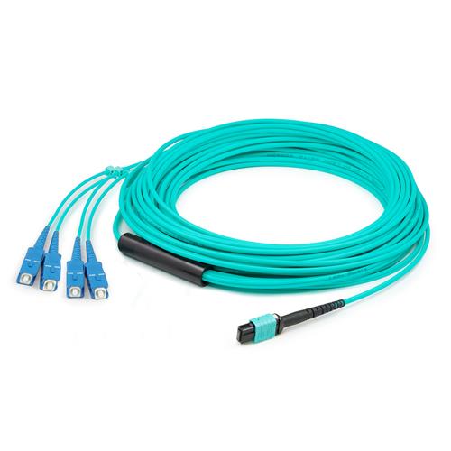 Picture for category 10m MPO (Female) to 8xSC (Male) OM4 8-strand Straight Aqua Fiber OFNR (Riser-Rated) Fanout Cable