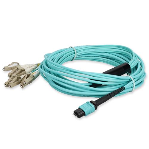 Picture for category 7m MPO (Male) to 8xLC (Male) OM4 8-strand Straight Aqua Fiber OFNR (Riser-Rated) Fanout Cable